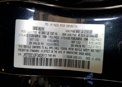 2015 Mazda Cx-9 Touring from USA, damaged, VIN JM3TB3CV2F0462513